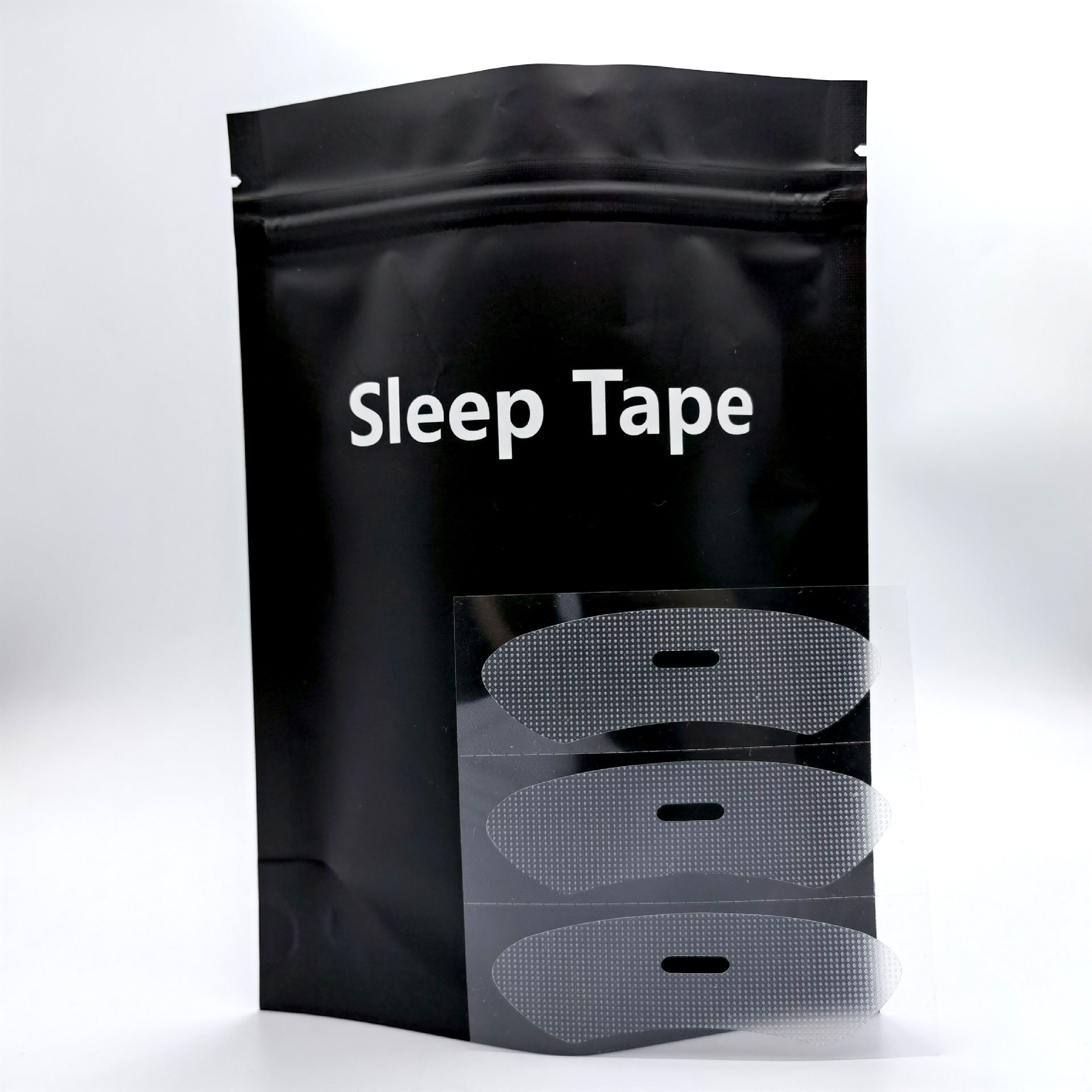 Anti-Mouth-Opening Tape PE variant with center hole — Sleep Tape black pouch with grey oval perforated patches 30pcs — Glow Ritual

