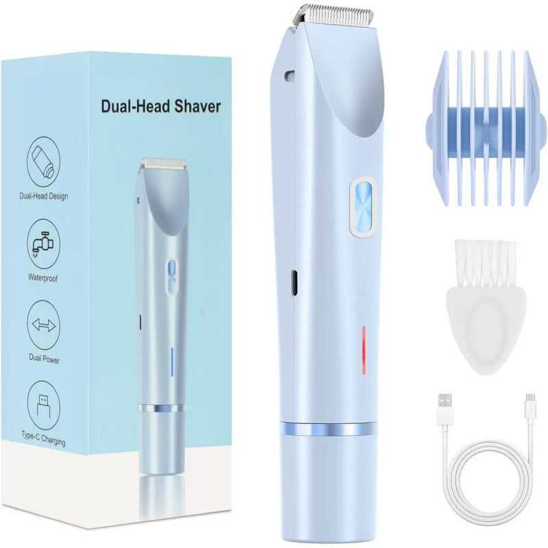 Sky blue rechargeable waterproof dual-head women's electric shaver with box, comb attachment, cleaning brush and USB-C cable
