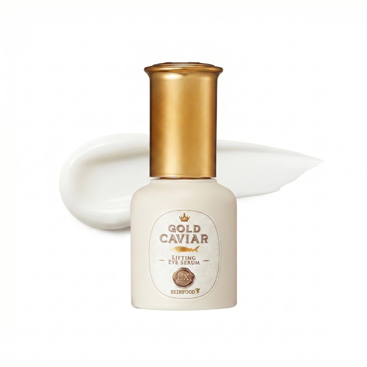 SKINFOOD Gold Caviar Lifting Eye Serum 32ml cream-white bottle with gold cap, K-beauty anti-aging lifting eye serum with caviar extract and 24K gold
