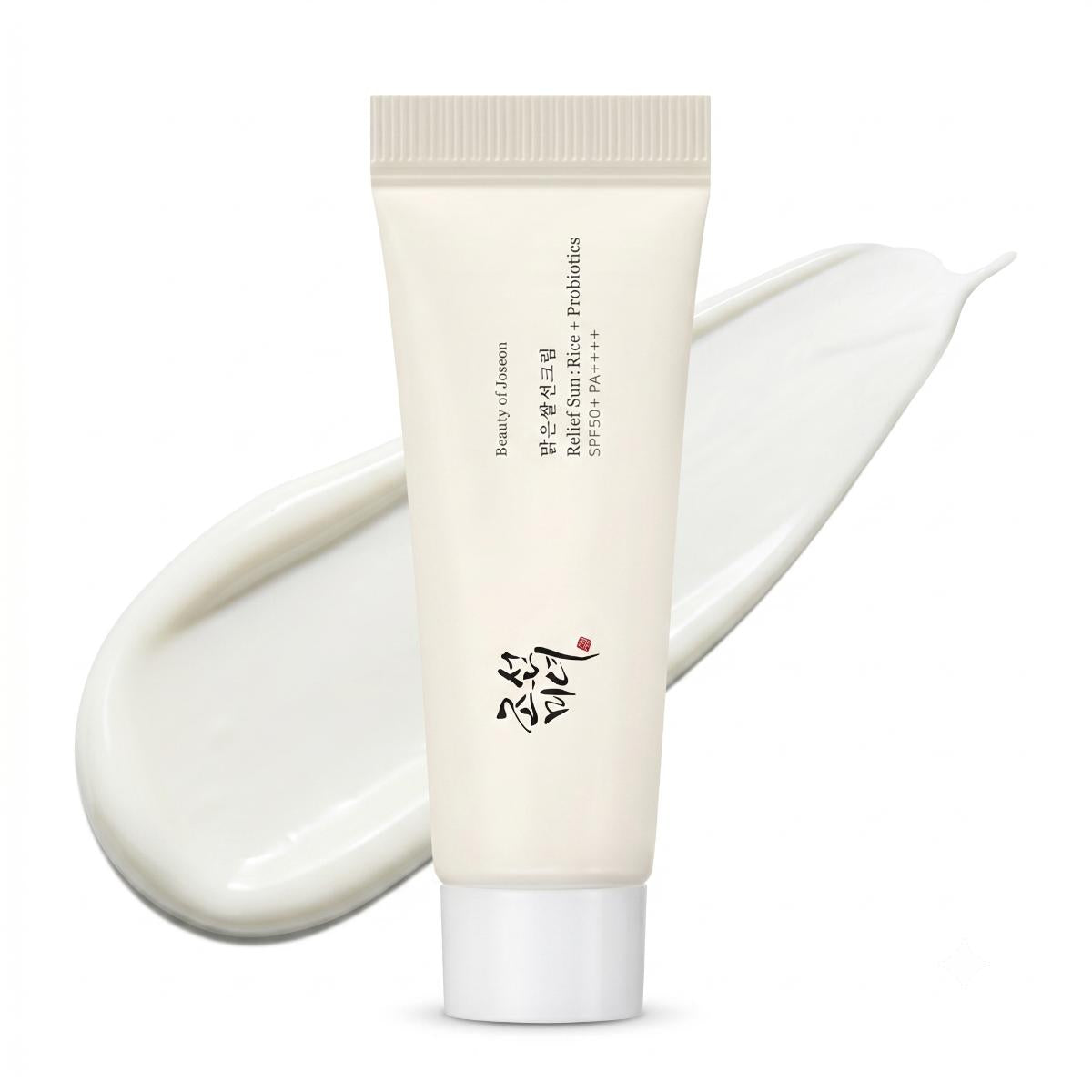 Beauty of Joseon Relief Sun Rice + Probiotics SPF50+ PA++++ 10ml sunscreen tube with cream texture swatch on white background
