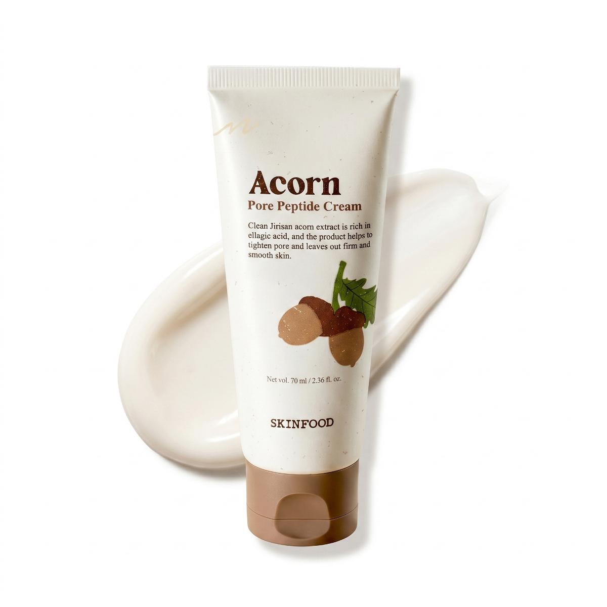 SKINFOOD Acorn Pore Peptide Cream 70ml white tube with brown cap and cream swatch on white background
