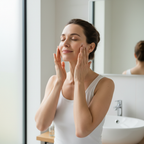 Western woman naturally patting SKINFOOD Carrot Carotene essence into skin, K-beauty skincare — Glow Ritual
