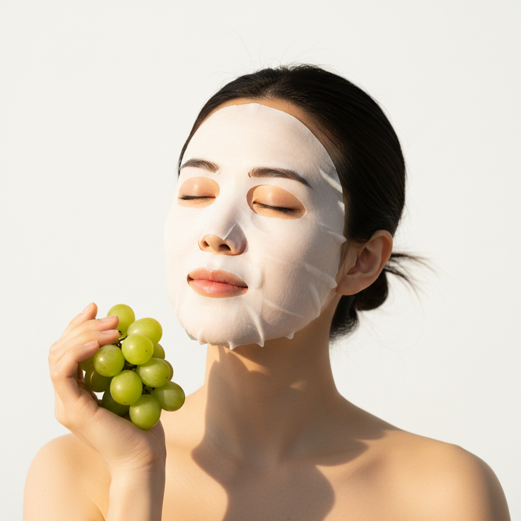Asian woman wearing white SKINFOOD Cica Daily Mask sheet mask, calming K-beauty spa routine — Glow Ritual
