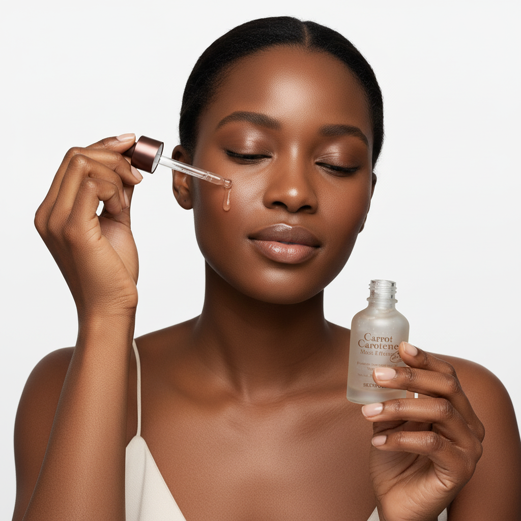 Black woman applying SKINFOOD Carrot Carotene Moist Effector essence onto skin, K-beauty routine — Glow Ritual
