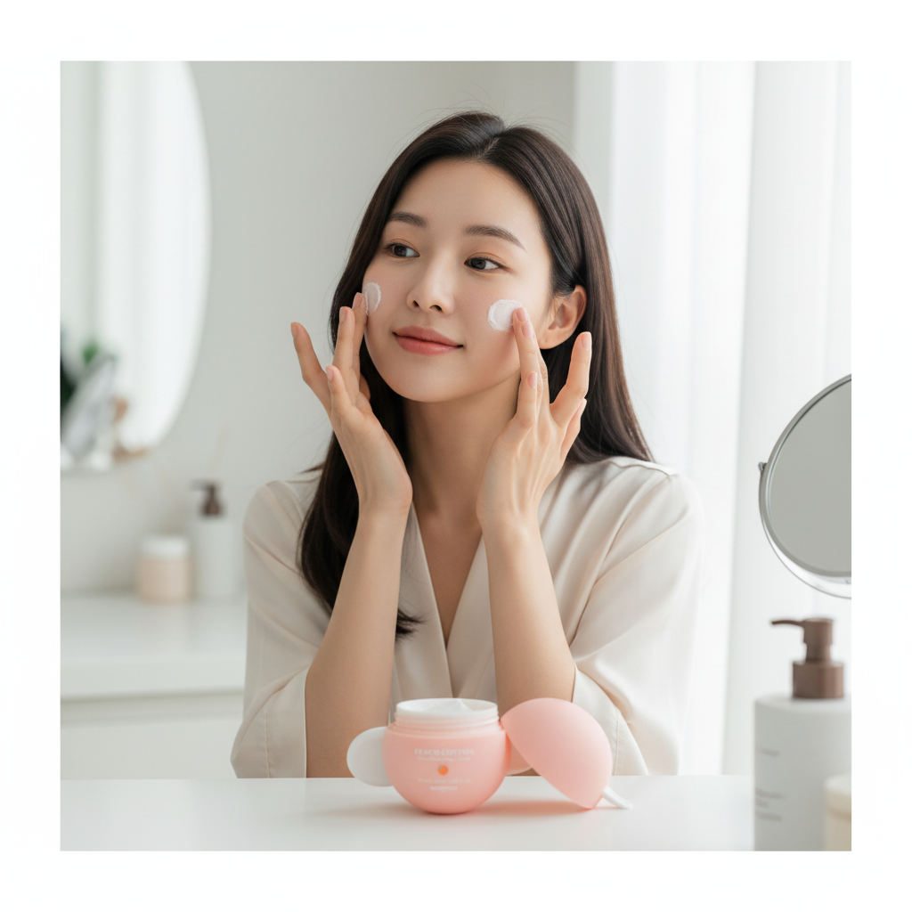 Korean female model naturally applying SKINFOOD Peach Cotton Zinc PCA Toning Cream, open peach-pink sphere jar on bathroom counter, morning skincare routine
