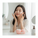 Korean female model naturally applying SKINFOOD Peach Cotton Zinc PCA Toning Cream, open peach-pink sphere jar on bathroom counter, morning skincare routine
