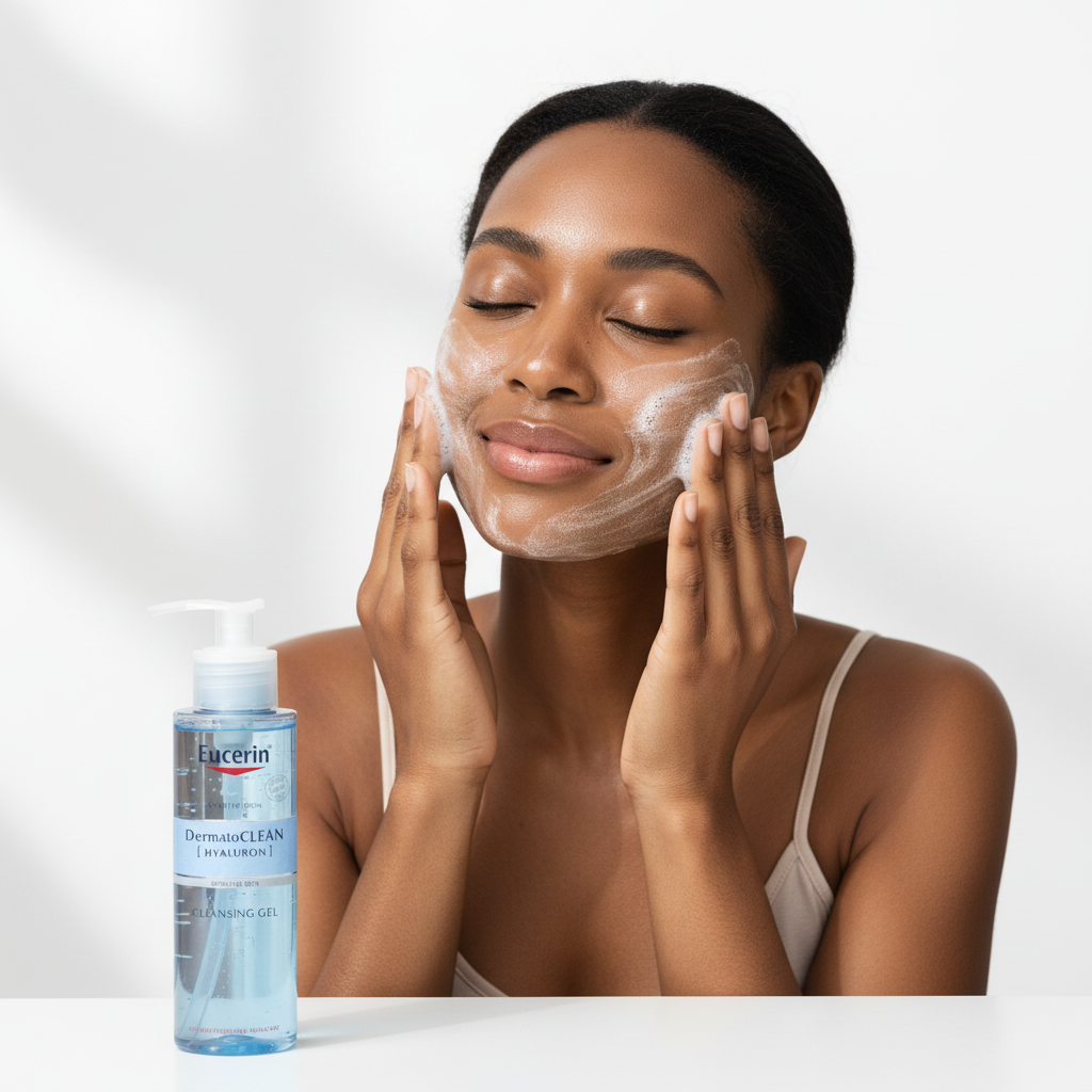 Black woman massaging Eucerin DermatoCLEAN Hyaluron Cleansing Gel on wet face, inclusive gentle cleanser — Glow Ritual

