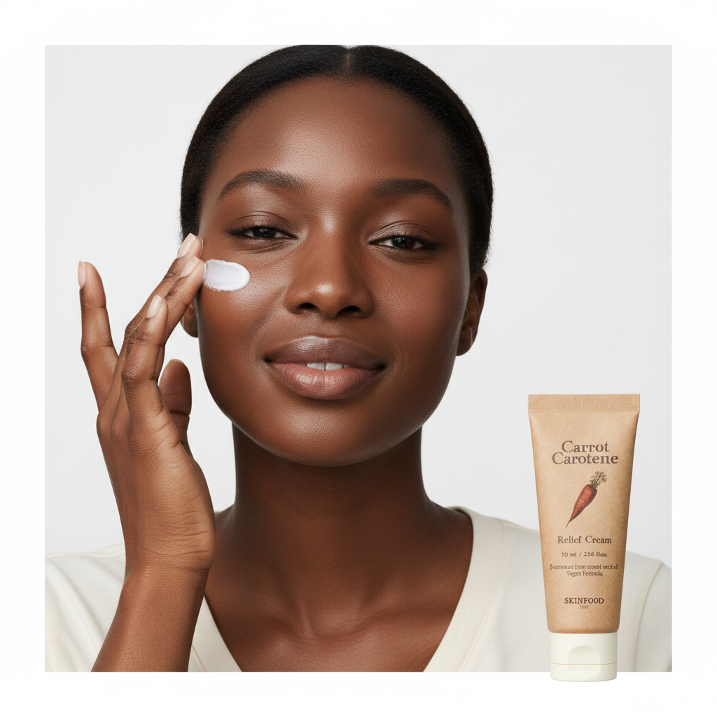 Black woman applying SKINFOOD Carrot Carotene Relief Cream on face, soothing moisturizer routine — Glow Ritual
