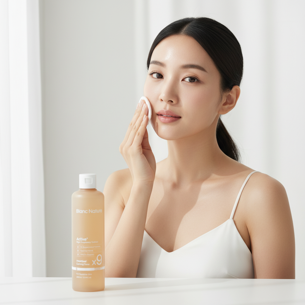 Asian woman applying Blanc Nature 9X Heartleaf Calming Toner with cotton pad, K-beauty routine — Glow Ritual
