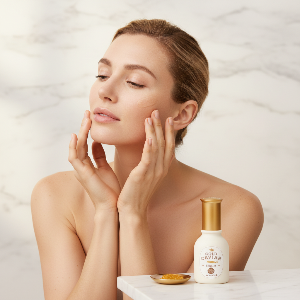 SKINFOOD Gold Caviar Serum – Caucasian model applying anti-aging serum with fingertips
