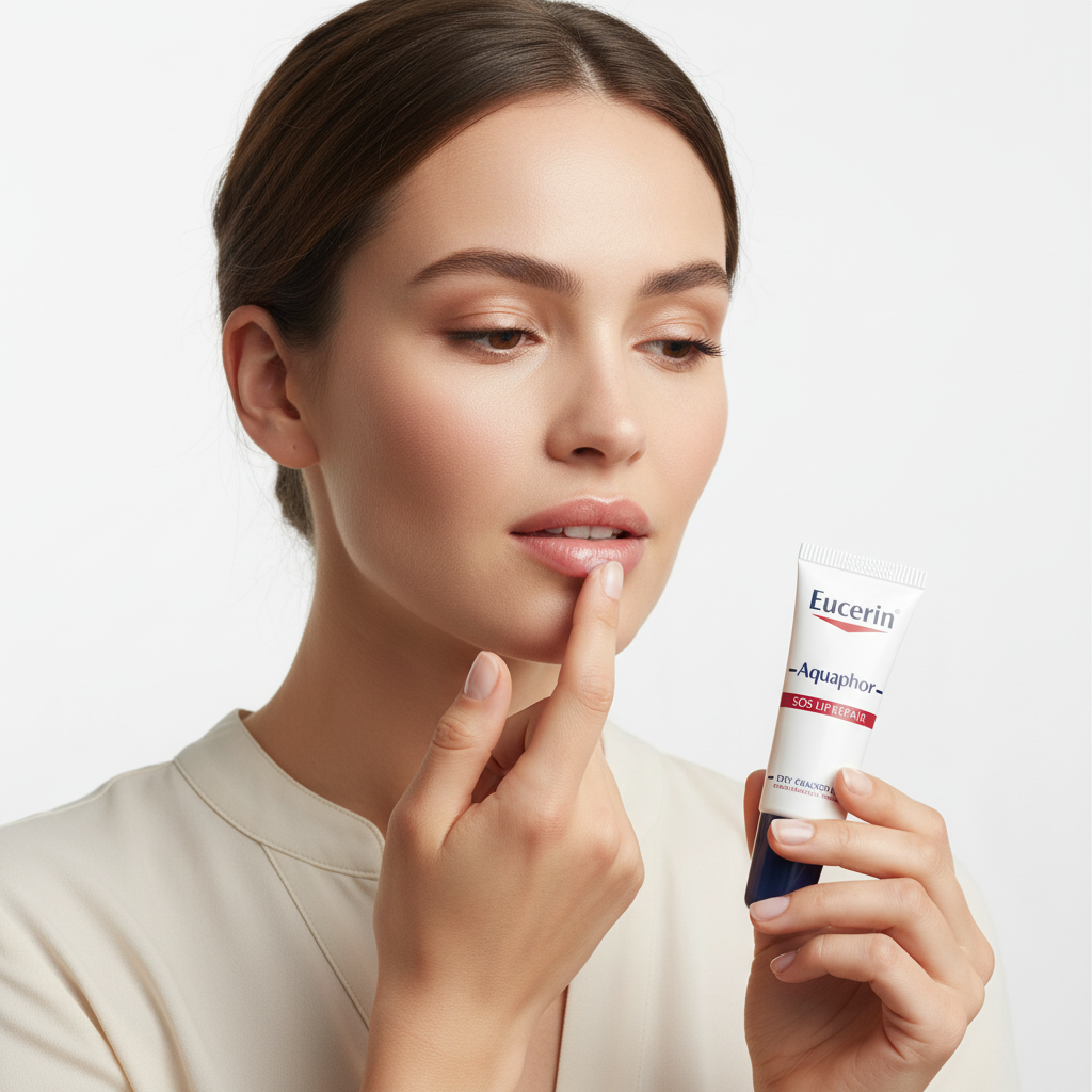 Western woman applying Eucerin Aquaphor SOS Lip Repair to lips, dermatological lip treatment — Glow Ritual
