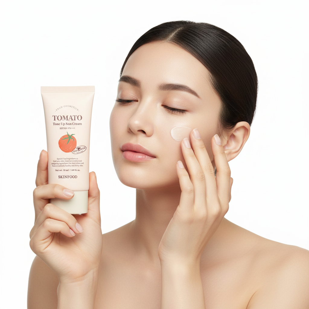 Western woman gently patting SKINFOOD Tomato Tone Up Sun Cream onto cheek, glowing skin — Glow Ritual
