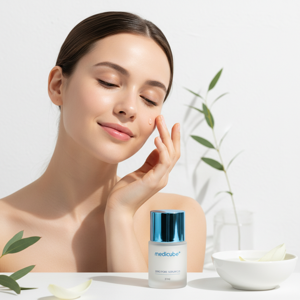 Caucasian woman holding MEDICUBE Zero Pore Serum 2.0 showing smooth poreless glowing skin
