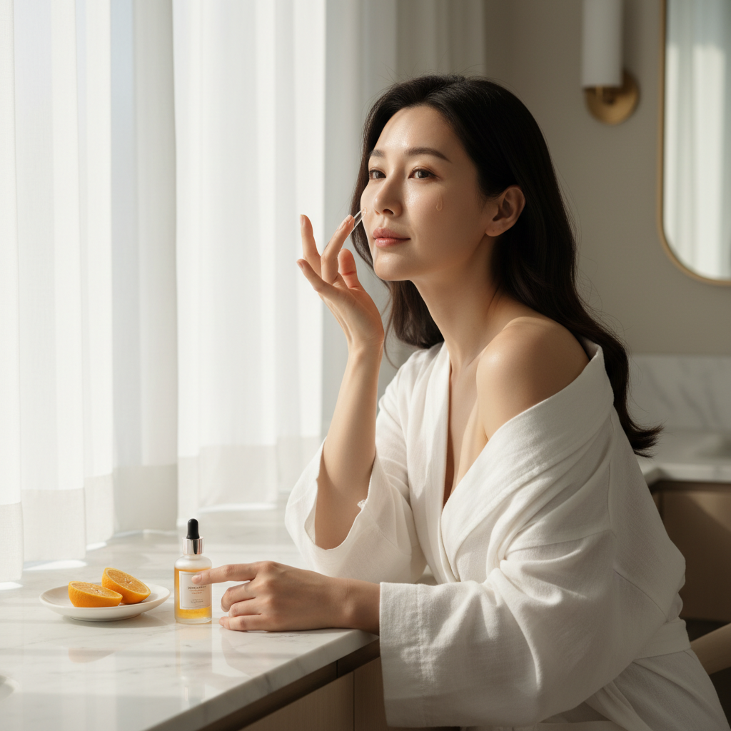 Asian model applying LE'VEA Vitamin C Serum in morning skincare routine
