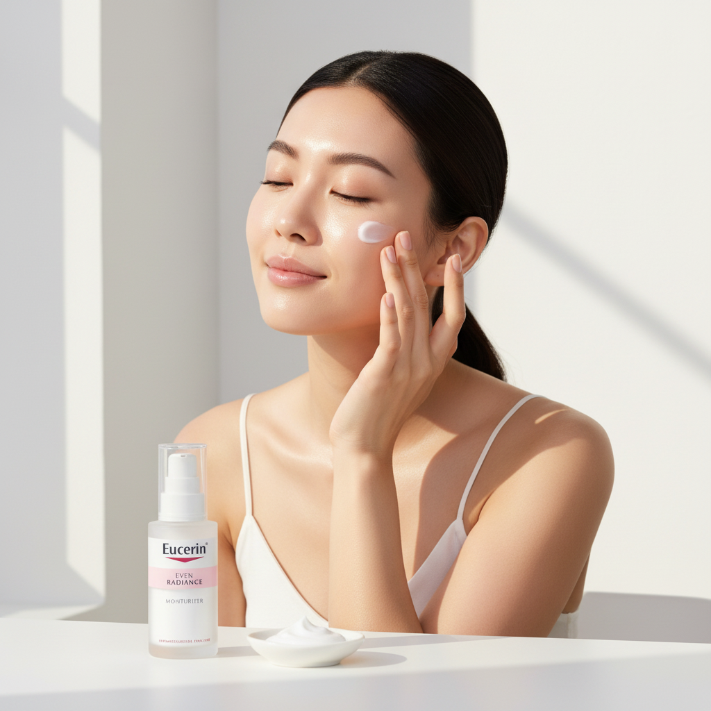 Asian woman applying Eucerin Even Radiance Moisturizer on face, brightening skincare routine — Glow Ritual
