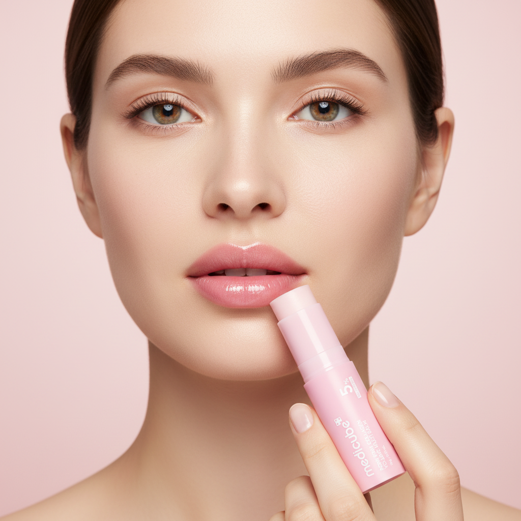 Caucasian woman applying MEDICUBE PDRN Pink Collagen Multi Balm stick to lips with rosy dewy finish
