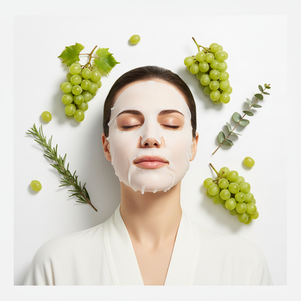Western woman wearing white SKINFOOD Cica Daily Mask sheet mask, K-beauty spa skincare routine — Glow Ritual
