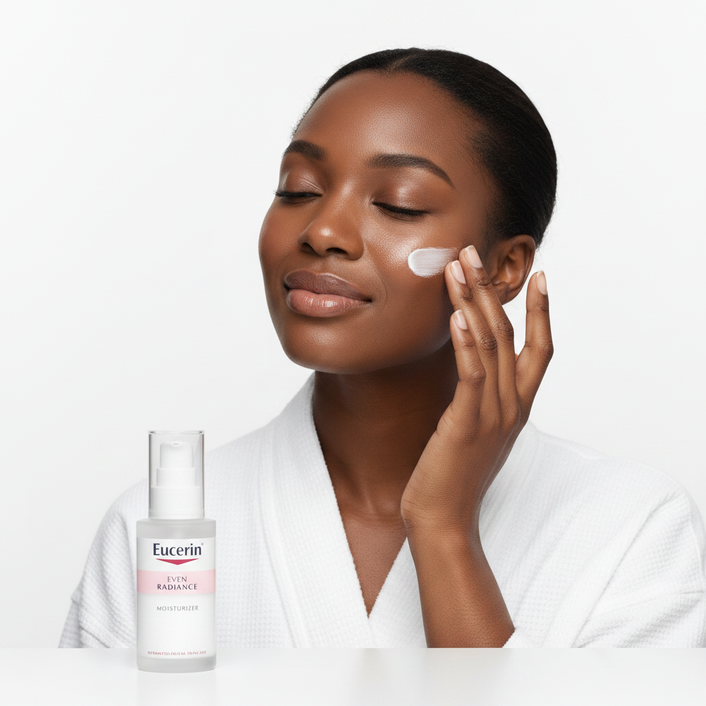 Black woman applying Eucerin Even Radiance Moisturizer on face, brightening dark spot routine — Glow Ritual
