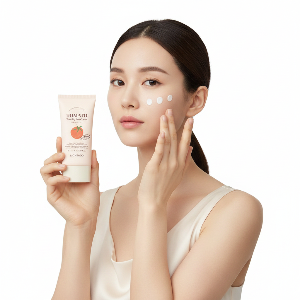Western woman applying SKINFOOD Tomato Tone Up Sun Cream to cheek, premium skincare lifestyle — Glow Ritual
