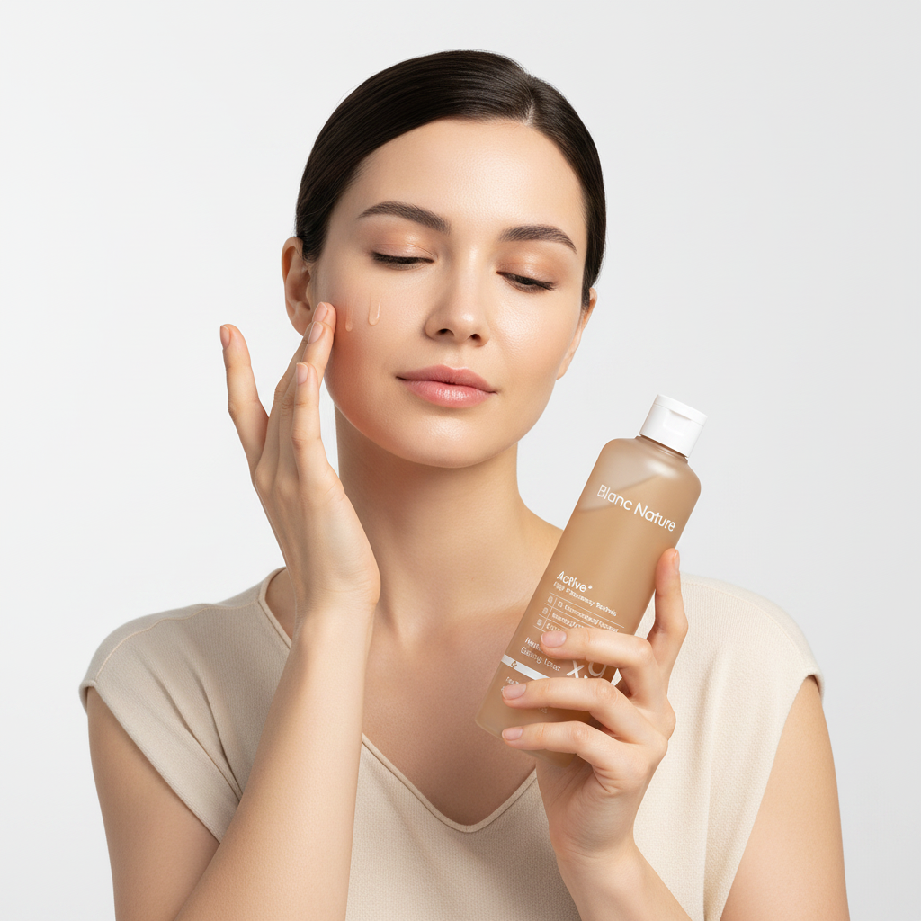 Western woman patting Blanc Nature 9X Heartleaf Calming Toner onto face, K-beauty skincare routine — Glow Ritual
