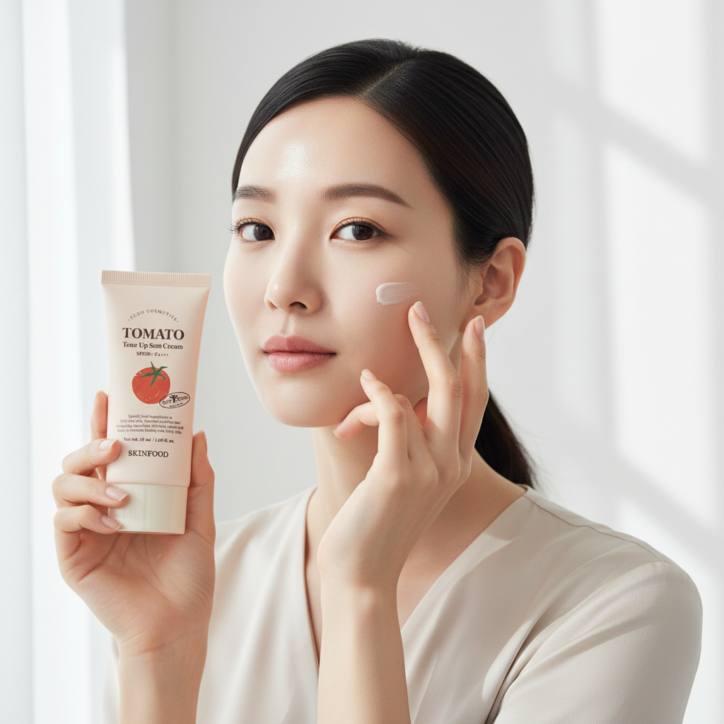 Asian woman applying SKINFOOD Tomato Tone Up Sun Cream to face, K-beauty skincare routine — Glow Ritual
