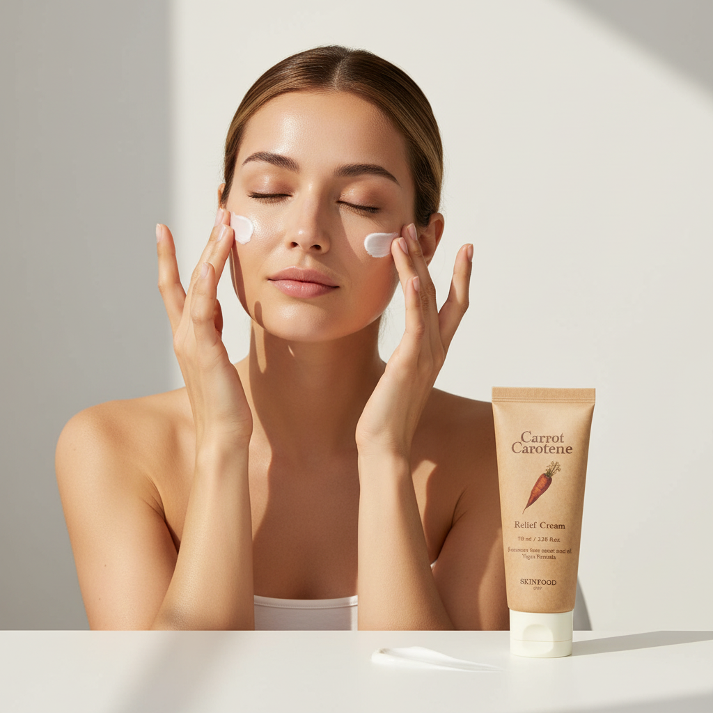Western woman applying SKINFOOD Carrot Carotene Relief Cream on face, soothing moisturizer routine — Glow Ritual
