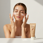 Western woman applying SKINFOOD Carrot Carotene Relief Cream on face, soothing moisturizer routine — Glow Ritual
