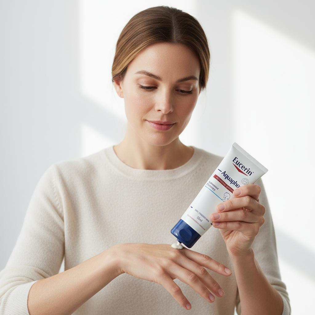 Western woman applying Eucerin Aquaphor Repairing Ointment on dry hands, intensive skin repair — Glow Ritual

