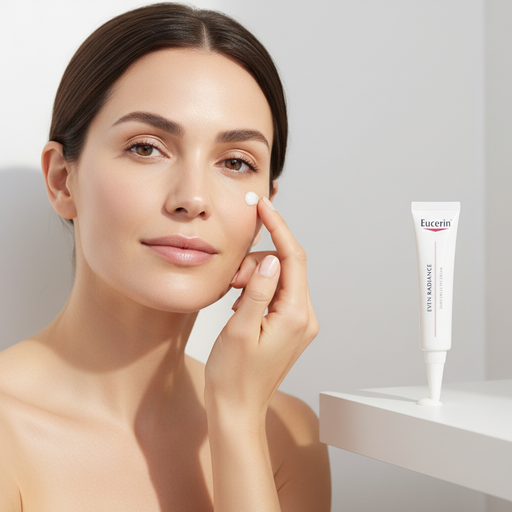 Western woman applying Eucerin Even Radiance Dark Circle Eye Cream under eye area, brightening routine — Glow Ritual
