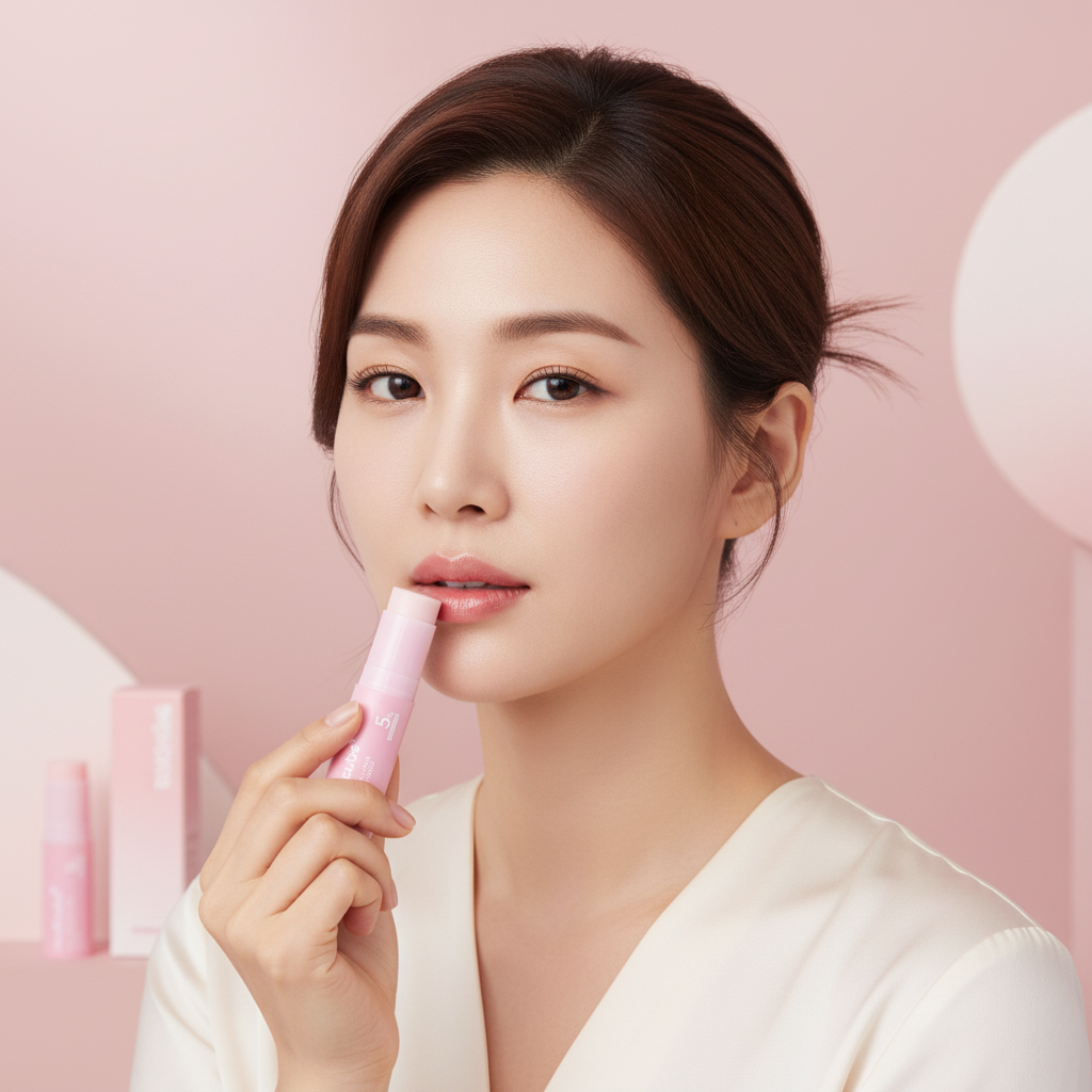 Asian woman applying MEDICUBE PDRN Pink Collagen Multi Balm stick to lips for dewy plump finish
