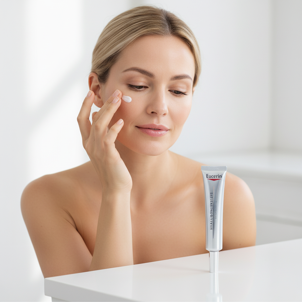 Western woman gently patting Eucerin Hyaluron 3X Eye Cream around eye area, dermatological care — Glow Ritual
