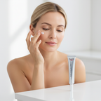 Western woman gently patting Eucerin Hyaluron 3X Eye Cream around eye area, dermatological care — Glow Ritual
