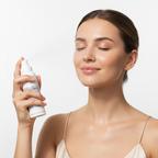 Western woman spraying Eucerin Hyaluron Mist on face, dermatological hydrating mist — Glow Ritual
