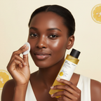 SKINFOOD Yuja C Dark Spot Clear Toner – Black model applying brightening toner with cotton pad
