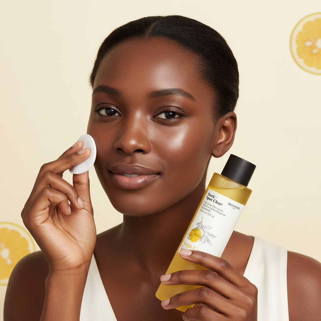 SKINFOOD Yuja C Dark Spot Clear Toner – Black model applying brightening toner with cotton pad
