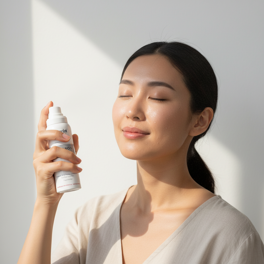 Asian woman spraying Eucerin Hyaluron Mist on face, refreshing hydration routine — Glow Ritual
