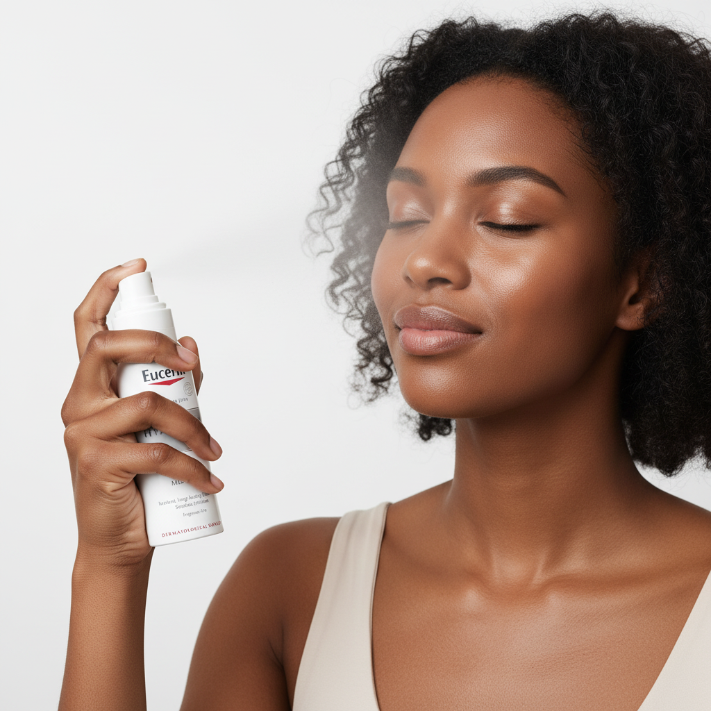 Black woman spraying Eucerin Hyaluron Mist on face, instant hydration skincare — Glow Ritual
