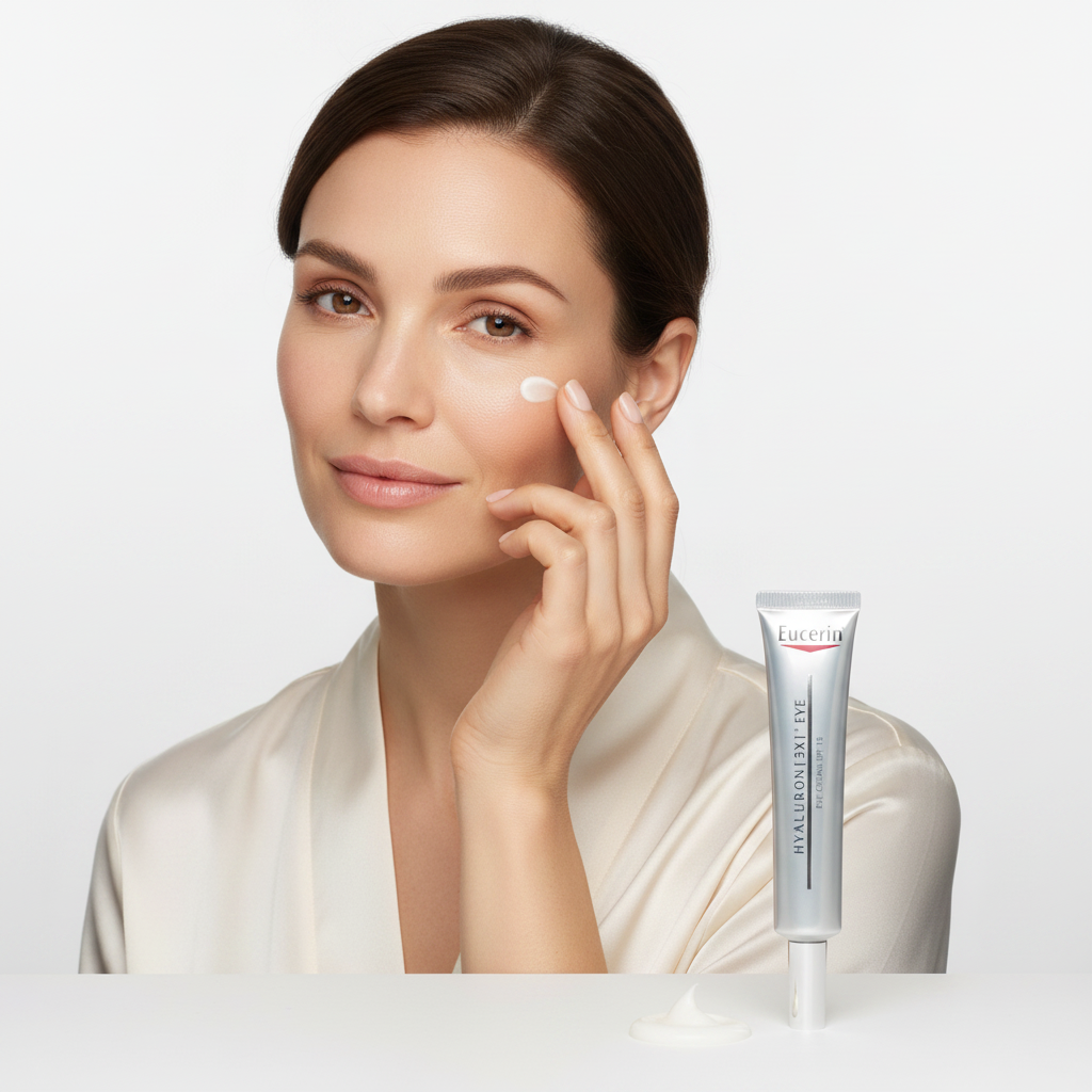 Western woman applying Eucerin Hyaluron 3X Eye Cream under eye area, anti-aging routine — Glow Ritual
