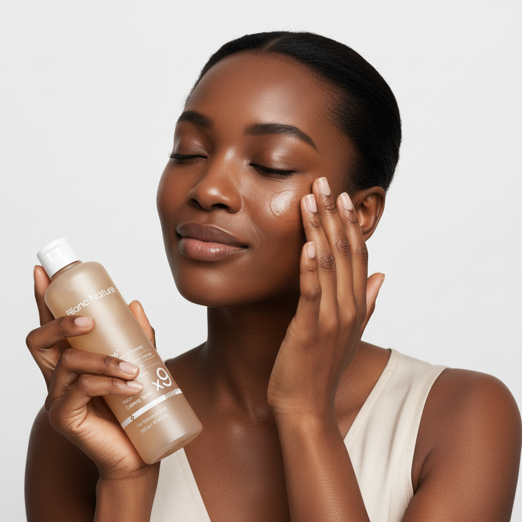 Black woman patting Blanc Nature 9X Heartleaf Calming Toner onto face, inclusive K-beauty routine — Glow Ritual
