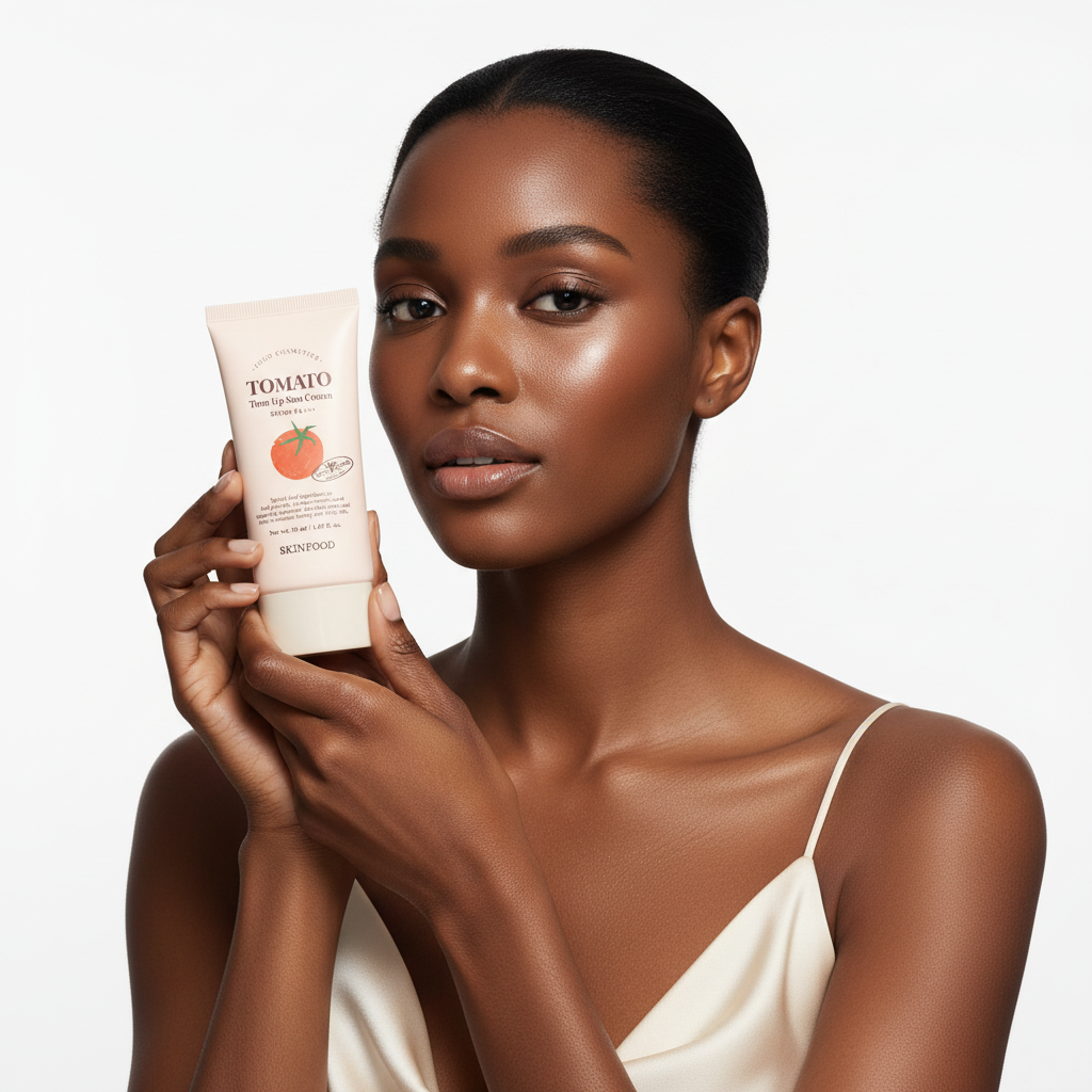Black woman holding SKINFOOD Tomato Tone Up Sun Cream, inclusive K-beauty skincare — Glow Ritual
