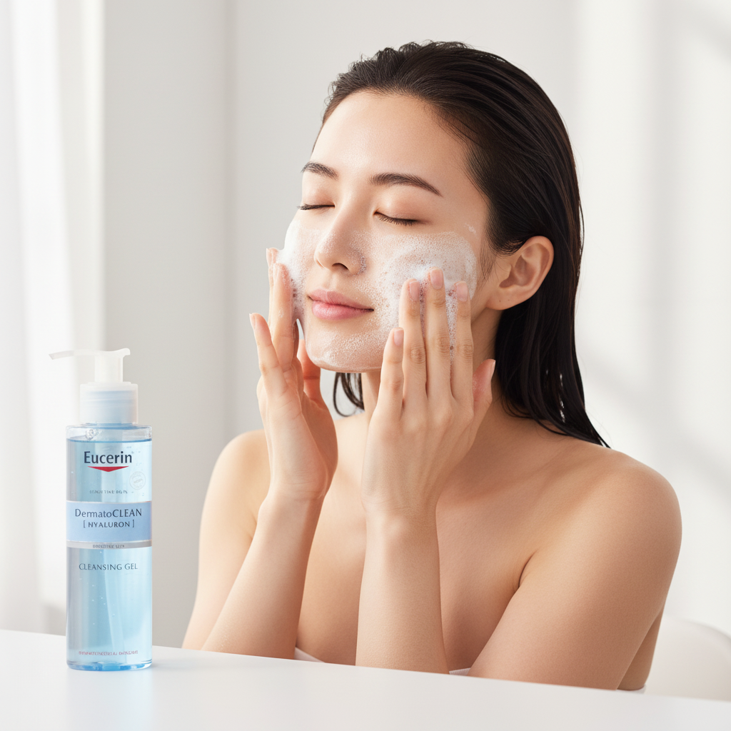 Asian woman massaging Eucerin DermatoCLEAN Hyaluron Cleansing Gel on wet face, gentle foam cleanser — Glow Ritual
