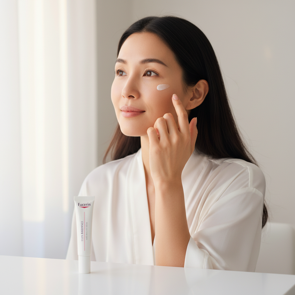 Asian woman applying Eucerin Even Radiance Dark Circle Eye Cream under eye area, K-beauty routine — Glow Ritual
