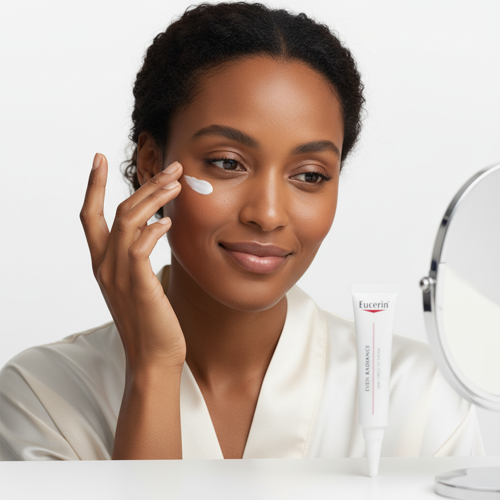 Black woman applying Eucerin Even Radiance Dark Circle Eye Cream under eye area, inclusive eye care — Glow Ritual
