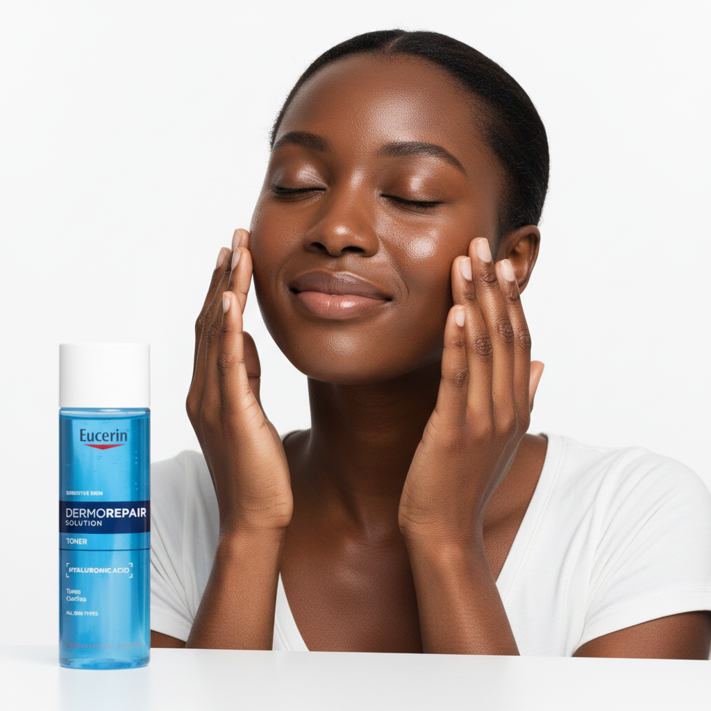 Black woman applying Eucerin Dermo Repair Solution Toner on face, hydrating balancing routine — Glow Ritual
