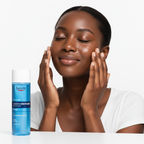 Black woman applying Eucerin Dermo Repair Solution Toner on face, hydrating balancing routine — Glow Ritual
