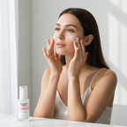 Western woman applying Eucerin Even Radiance Moisturizer on face, dermatological brightening routine — Glow Ritual
