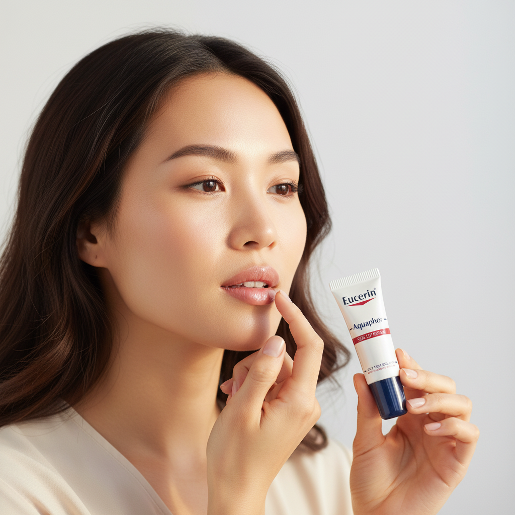 Asian woman applying Eucerin Aquaphor SOS Lip Repair to lips, intensive lip repair routine — Glow Ritual
