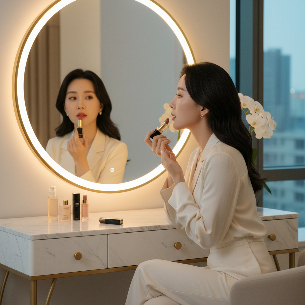 Korean model naturally applying Chanel Rouge Coco lipstick at a modern vanity — sophisticated beauty
