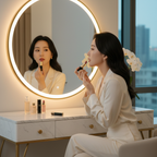 Korean model naturally applying Chanel Rouge Coco lipstick at a modern vanity — sophisticated beauty
