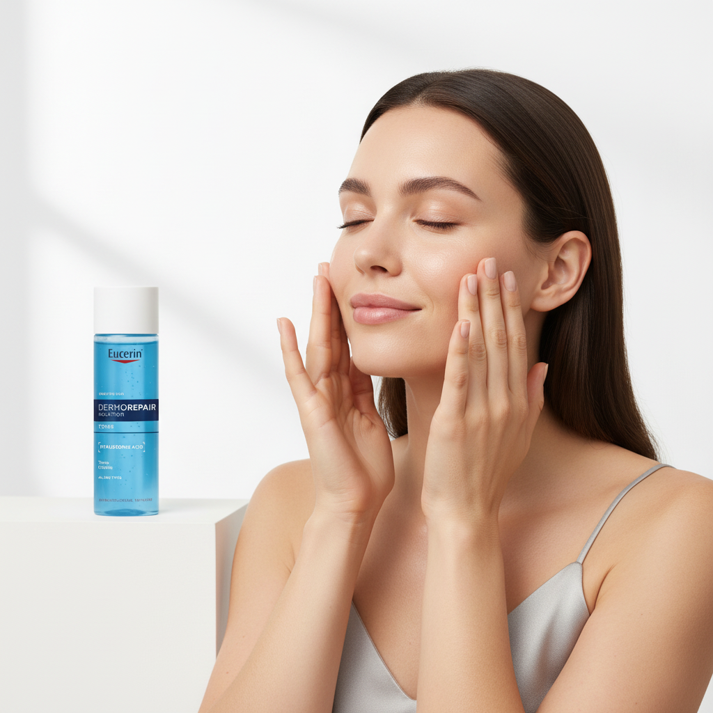 Western woman holding Eucerin Dermo Repair Solution Toner bottle, premium dermatological toner — Glow Ritual
